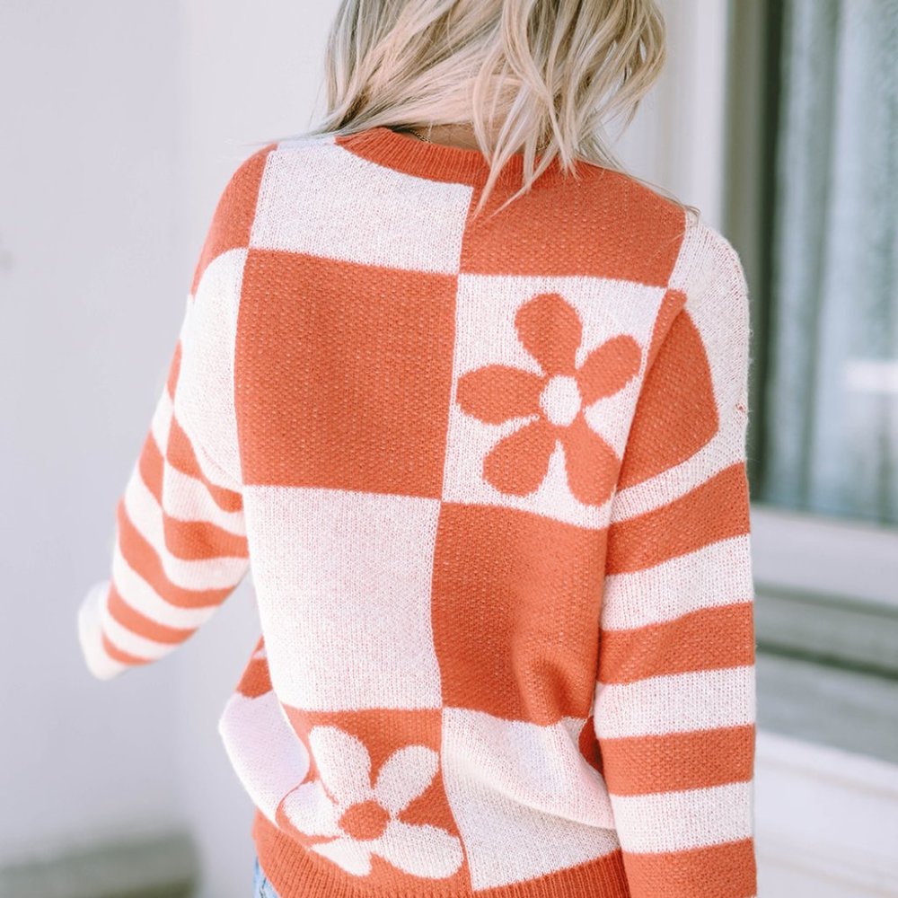Brown Checkered Floral Print Striped Sleeve Sweater - Picture 2 of 8